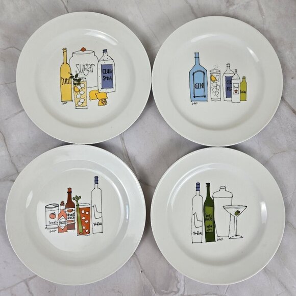 Cocktail by Ursula for Signature Set of 4 White Dessert Plates Cocktail Graphics - Picture 1 of 8